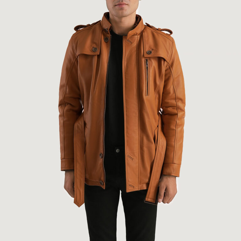 Mens Hunter Tan Brown Fur Leather Jacket Open Front-4-1701089088093